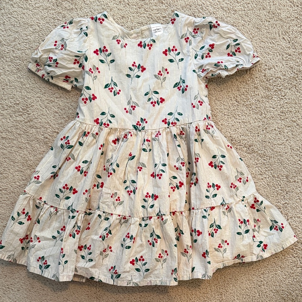 Carter's Cream Floral Dress with Red and Green Accents